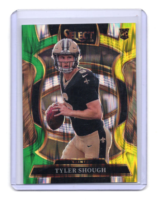 2025 Panini Select Tyler Shough Card Green and Yellow Prizm Shock RC  Saints #41