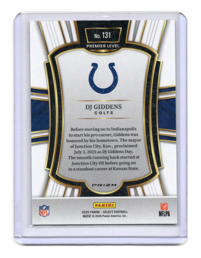 2025 Panini Select DJ Giddens Card Green and Yellow Prizm Shock RC Colts