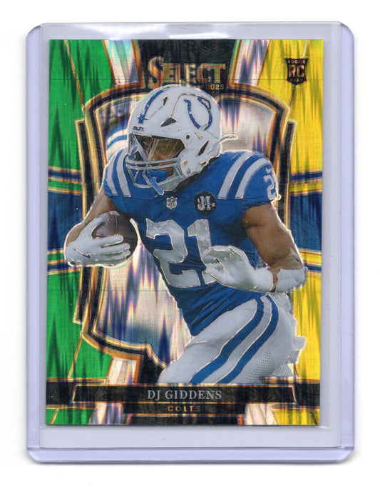 2025 Panini Select DJ Giddens Card Green and Yellow Prizm Shock RC Colts