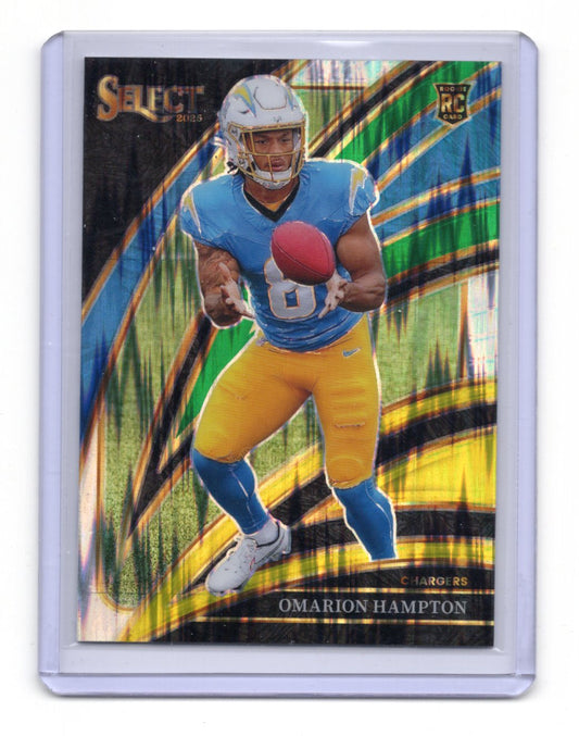 2025 Panini Select Omarion Hampton Card Green and Yellow Prizm Shock Chargers