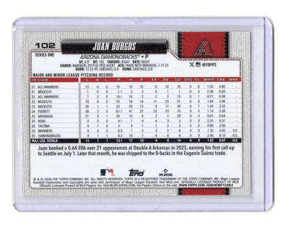 2026 Topps Juan Burgos Card RC Arizona Diamondbacks #102
