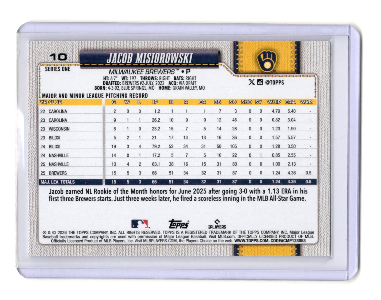 2026 Topps Jacob Misiorowski Card RC Milwaukee Brewers #10