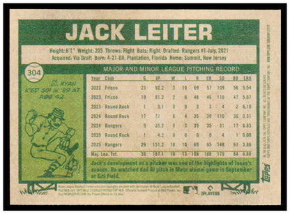 2026 Topps Heritage Jack Leiter Card Texas Rangers #304