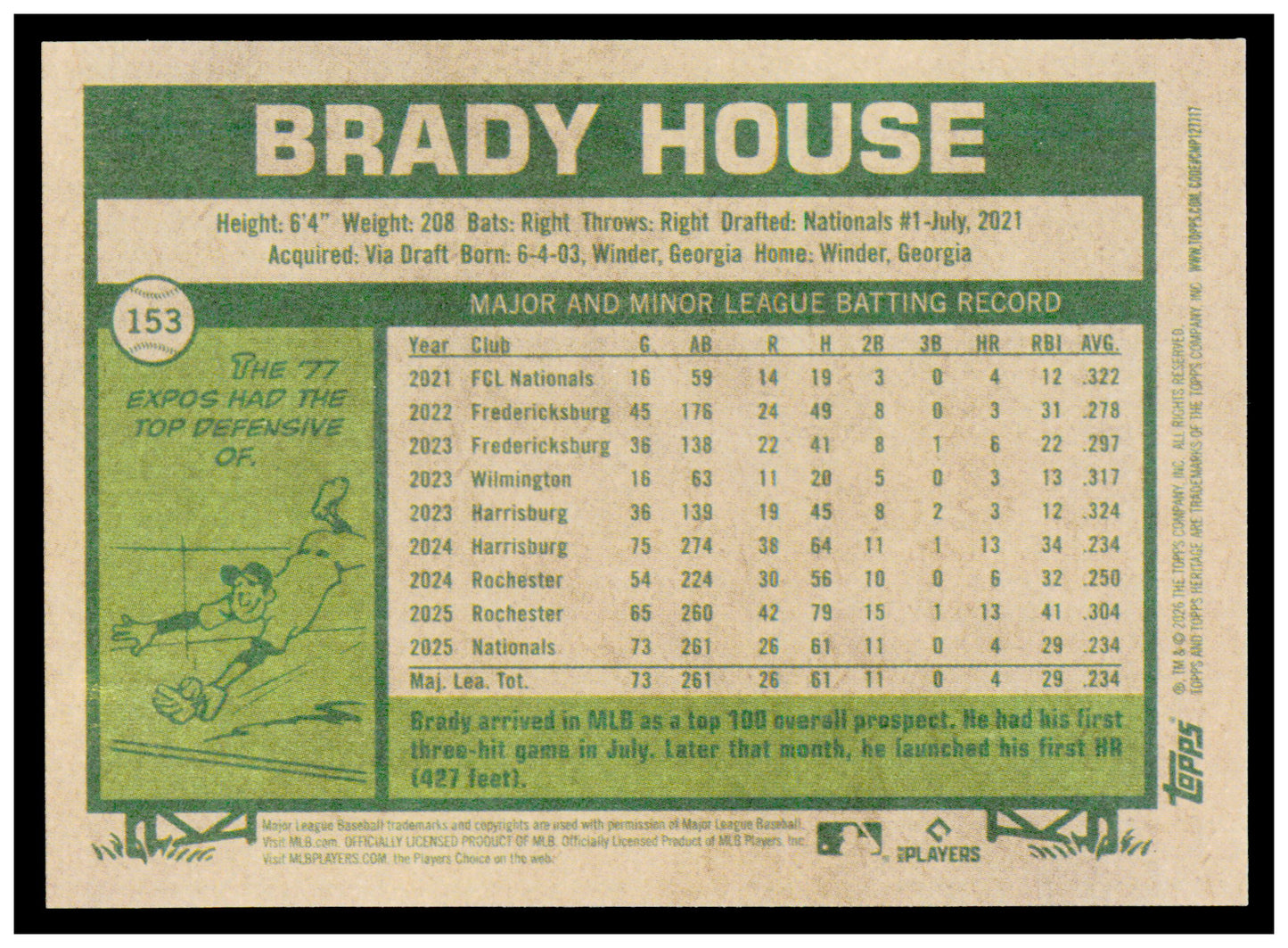 2026 Topps Heritage Brady House Card RC Washington Nationals #153