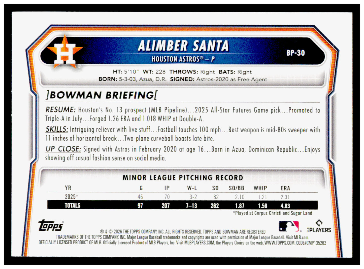 2026 Bowman Alimber Santa Card Prospects Houston Astros #BP-30