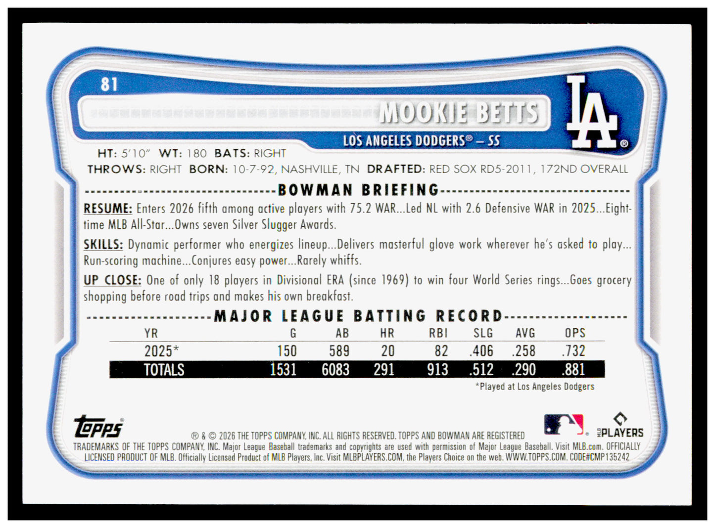 2026 Bowman Mookie Betts Card Los Angeles Dodgers #81