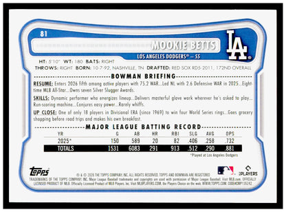 2026 Bowman Mookie Betts Card Los Angeles Dodgers #81