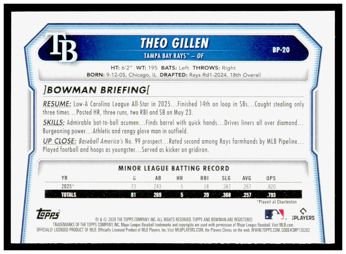 2026 Bowman Theo Gillen Card Prospects Tampa Bay Rays #BP-20