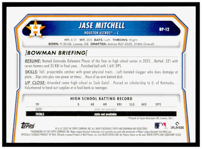 2026 Bowman Jase Mitchell Card Prospects Houston Astros #BP-12