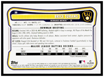 2026 Bowman Brice Turang Card Milwaukee Brewers #30