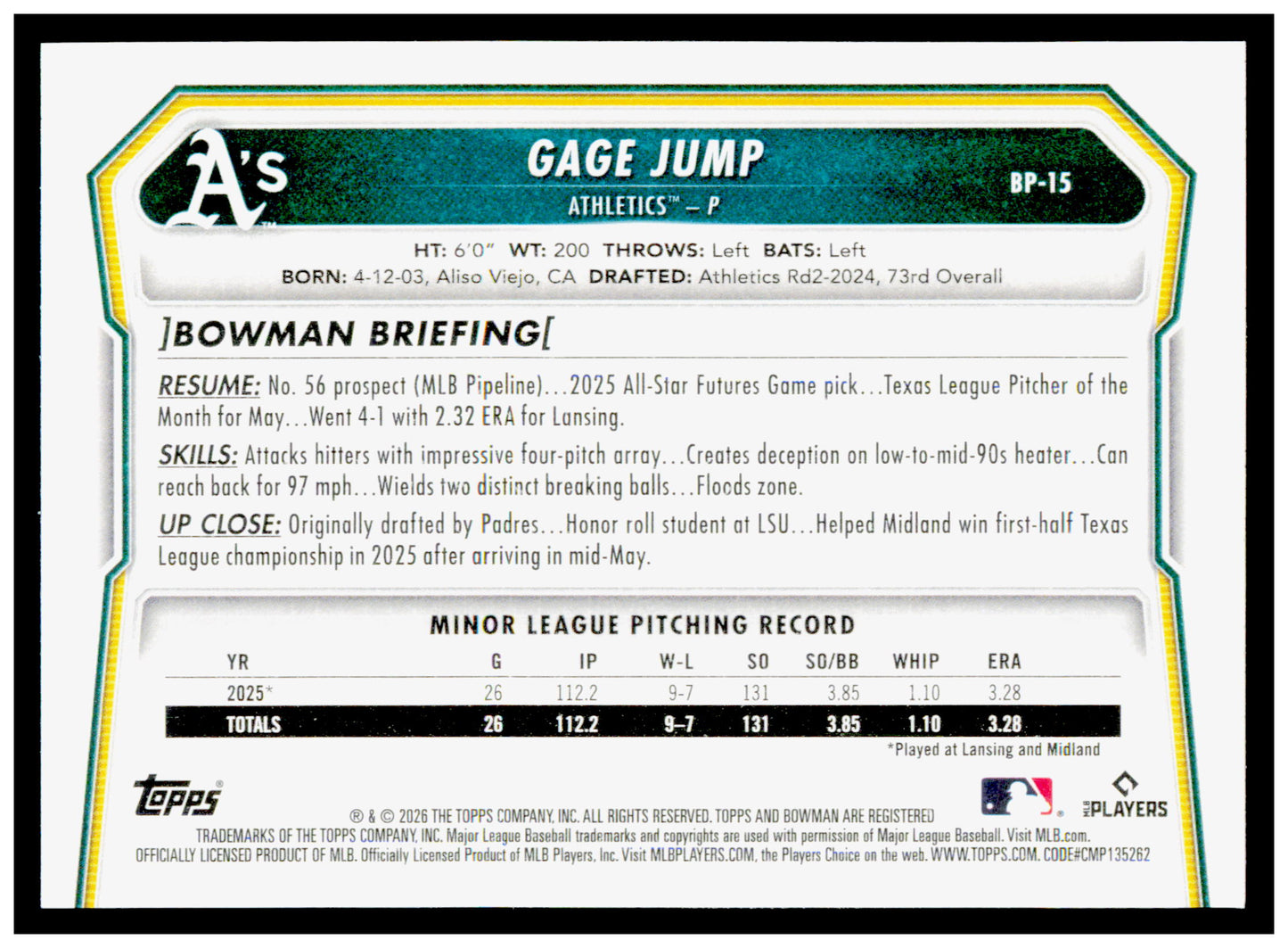 2026 Bowman Gage Jump Card Prospects Athletics #BP-15