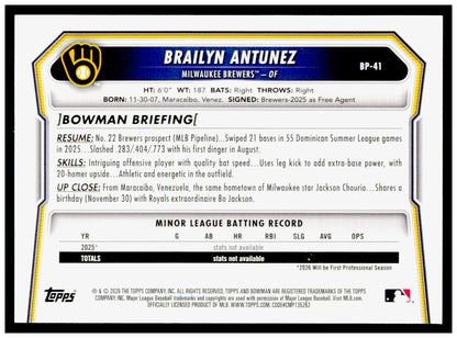2026 Bowman Brailyn Antunez Card Prospects Milwaukee Brewers #BP-41