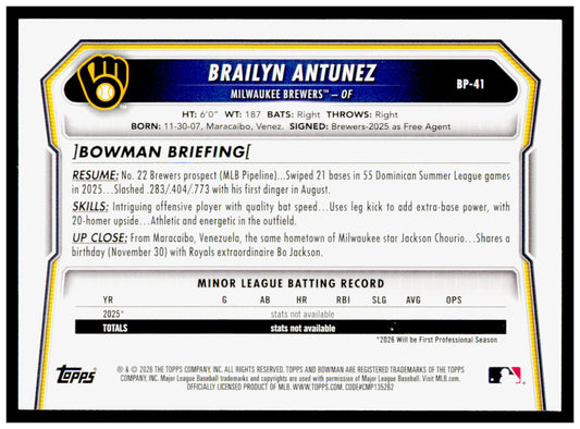 2026 Bowman Brailyn Antunez Card Prospects Milwaukee Brewers #BP-41