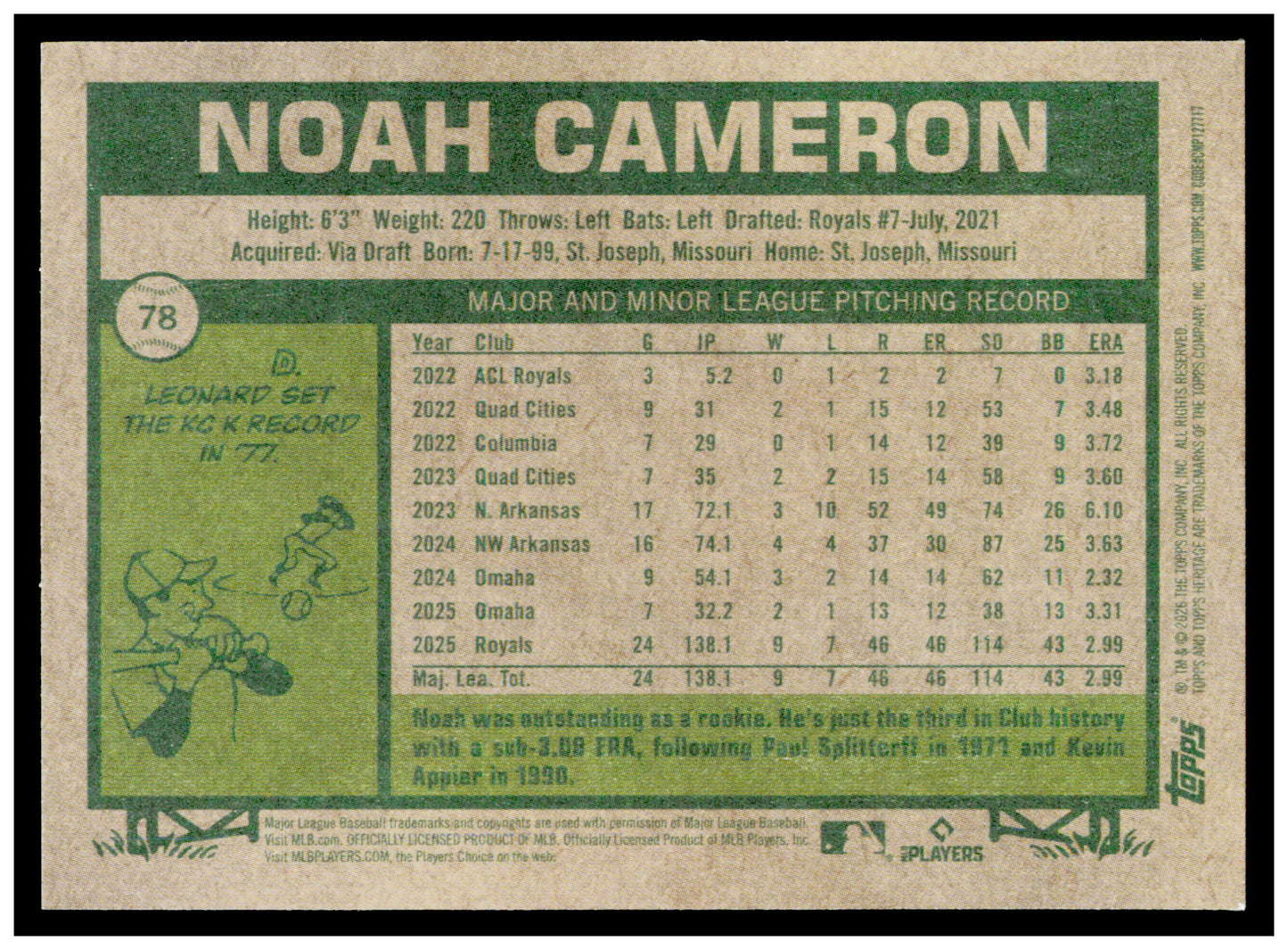 2026 Topps Heritage Noah Cameron Card Kansas City Royals #78