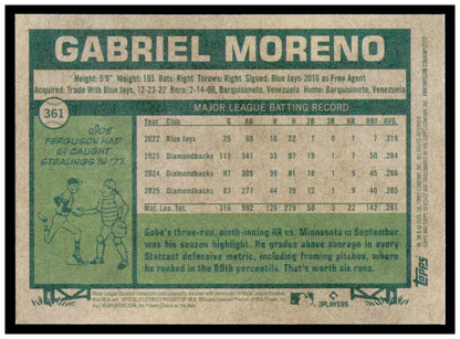 2026 Topps Heritage Gabriel Moreno Card Arizona Diamondbacks #361
