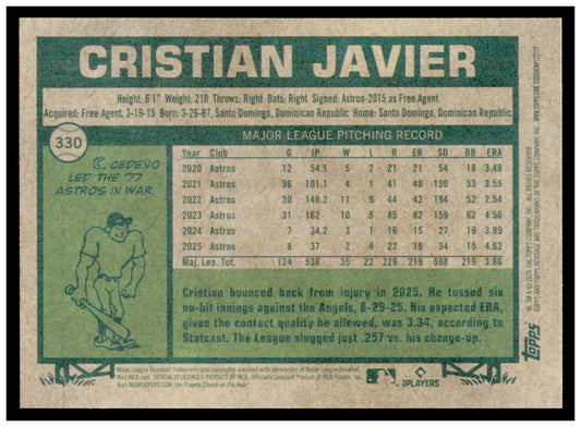 2026 Topps Heritage Cristian Javier Card Houston Astros #330