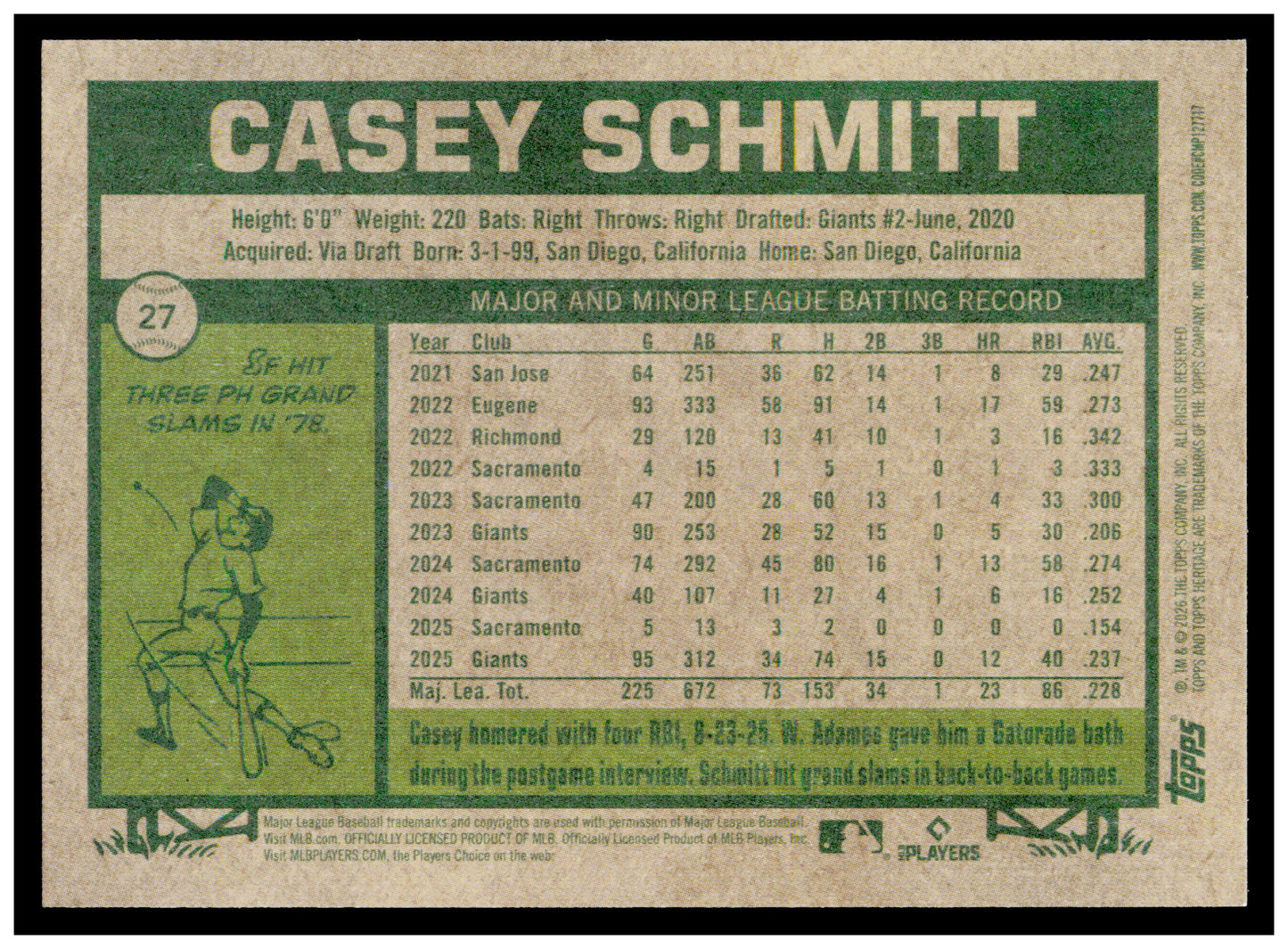 2026 Topps Heritage Casey Schmitt Card San Francisco Giants #27