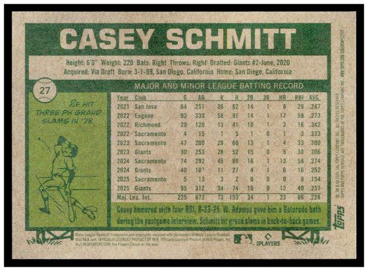 2026 Topps Heritage Casey Schmitt Card San Francisco Giants #27
