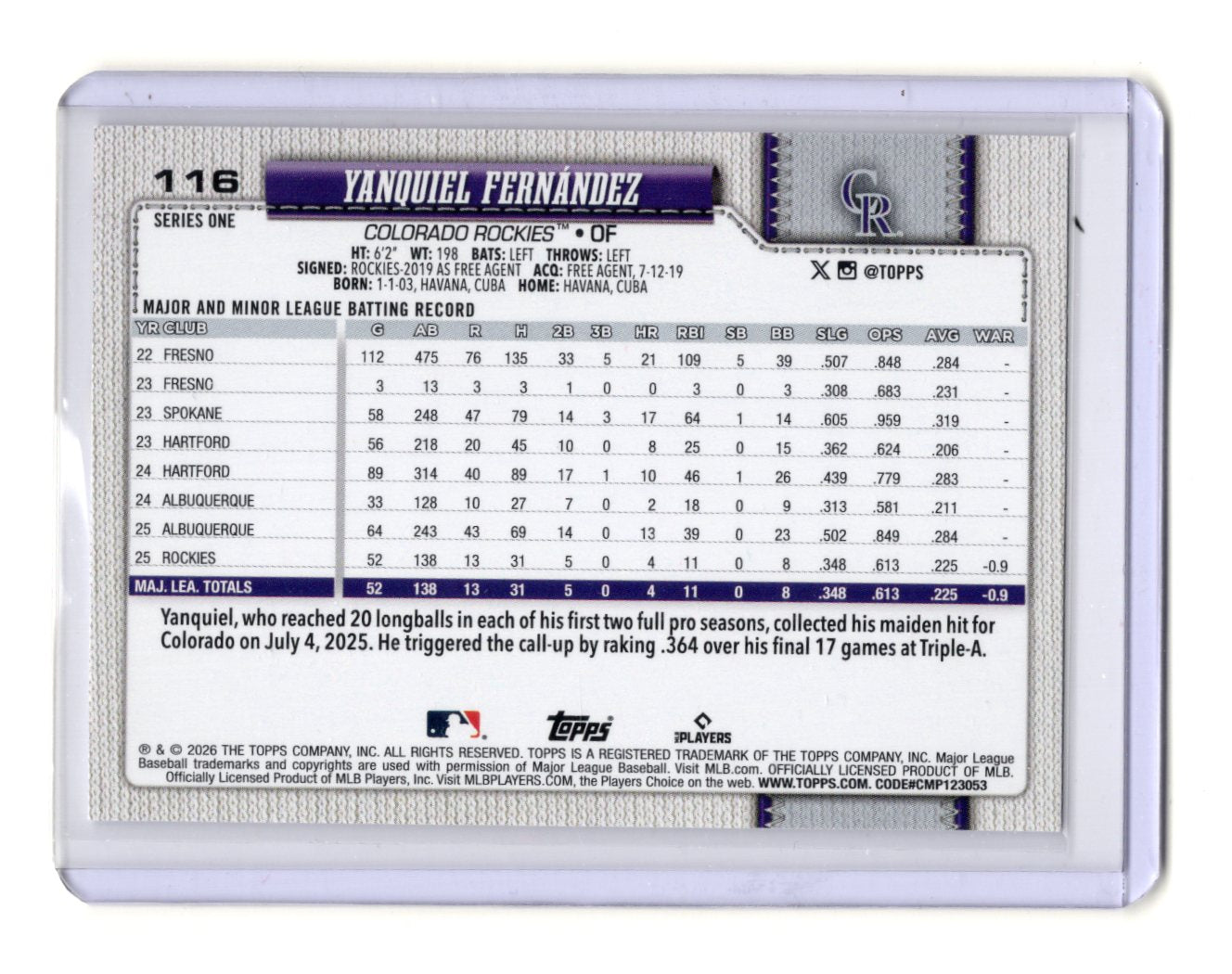 2026 Topps Yanquiel Fernández Card RC Colorado Rockies #116