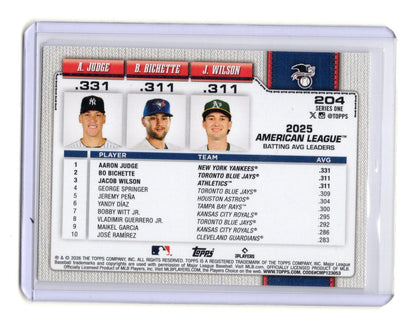 2025 Topps Series 1 Aaron Judge Bo Bichette Jacob Wilson AL Leaders #204 Yankees
