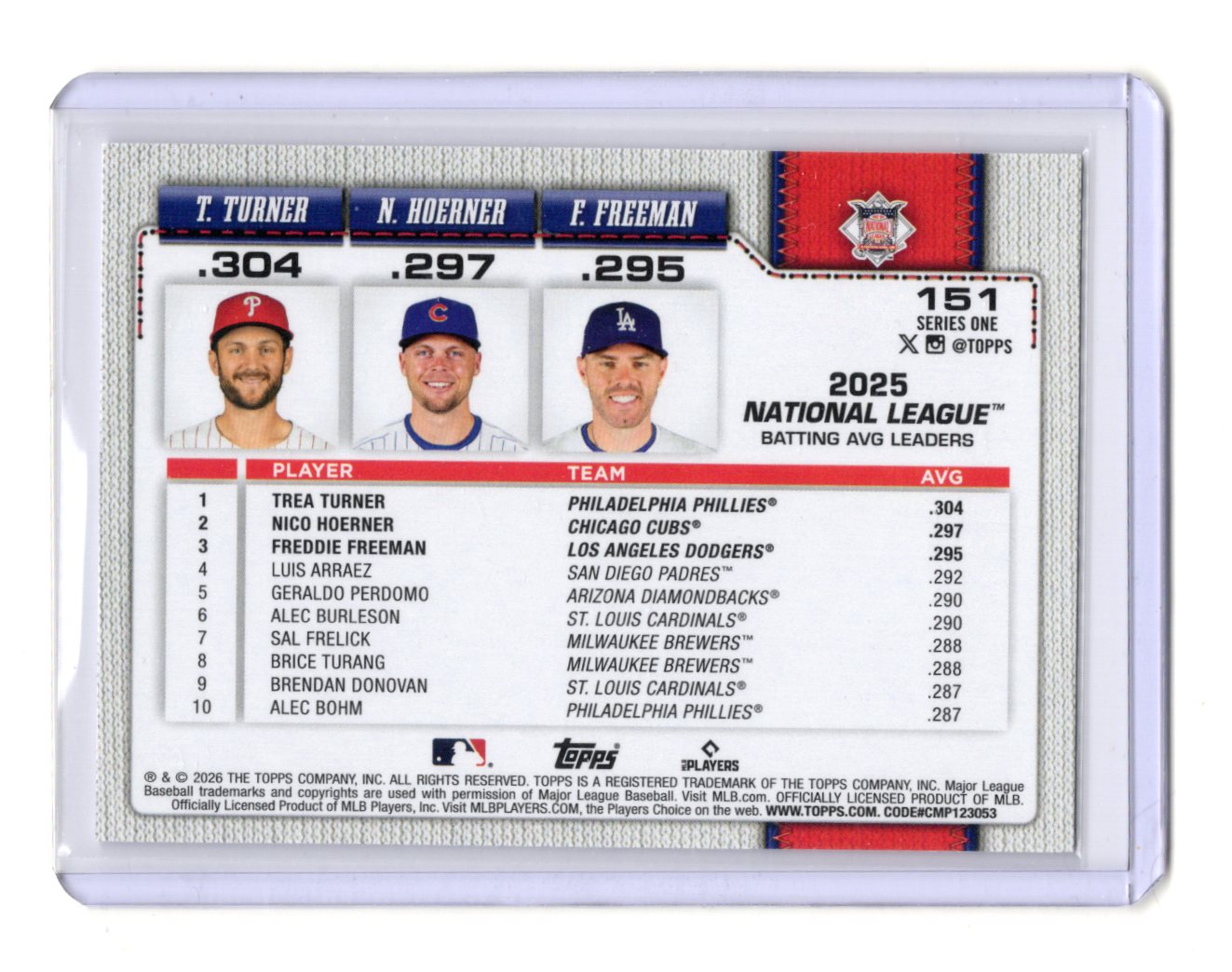 2026 Topps National League Leaders Avg Turner / Hoerner /Freeman Card