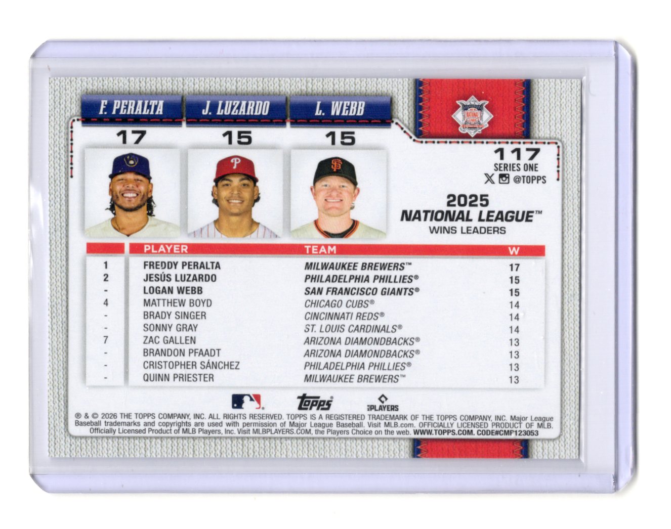 2025 Topps Series 1 Freddy Peralta Jesus Luzardo Logan Webb NL Wins Leaders #117