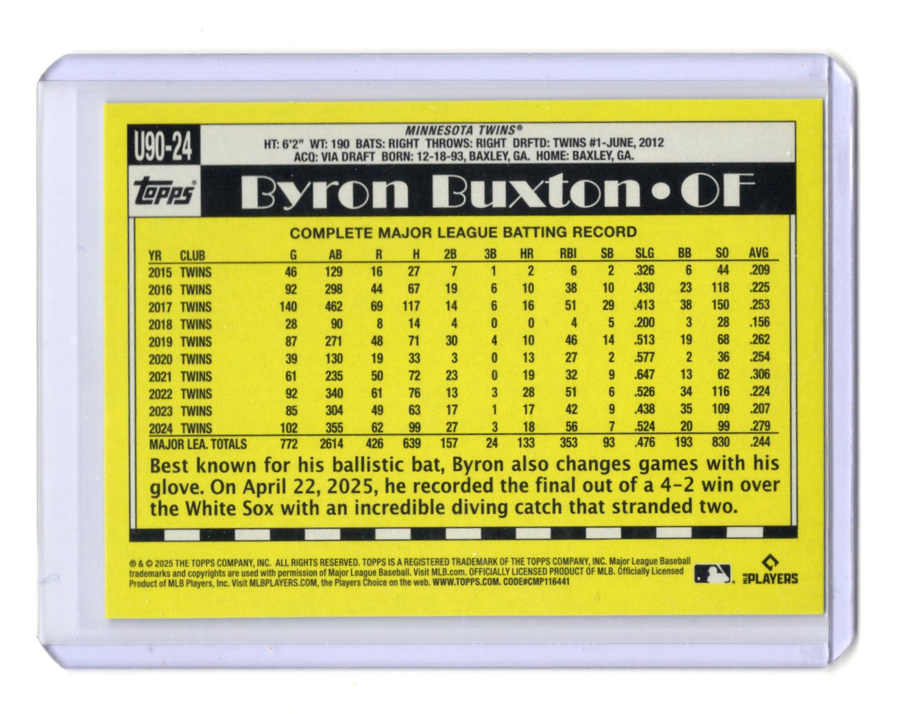 2025 Topps Update Byron Buxton 1990 35th Anniversary Purple Foil Twins #U90-24