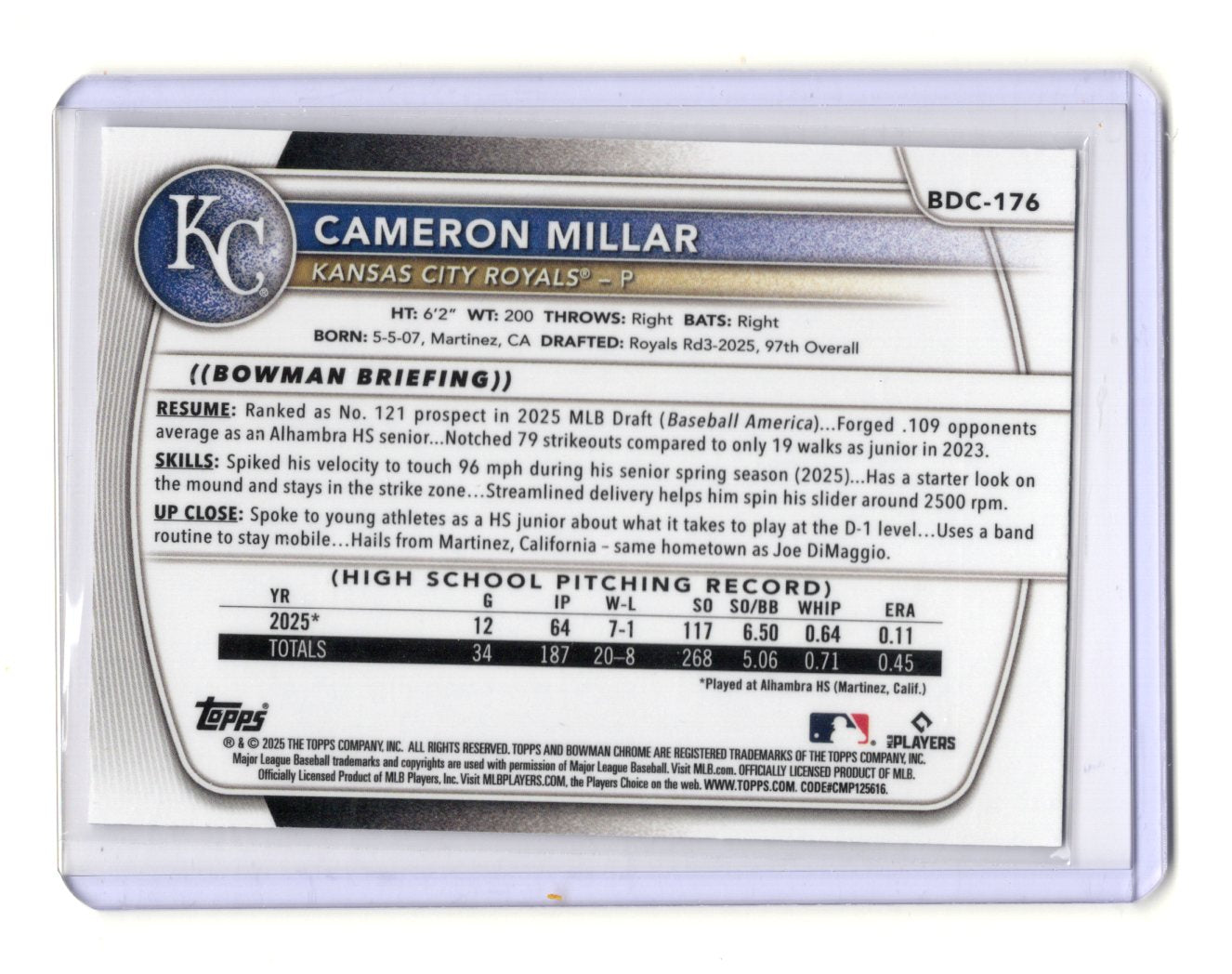 2025 Bowman Draft Cameron Millar Card Chrome Mojo Refractor  Royals #BDC-176