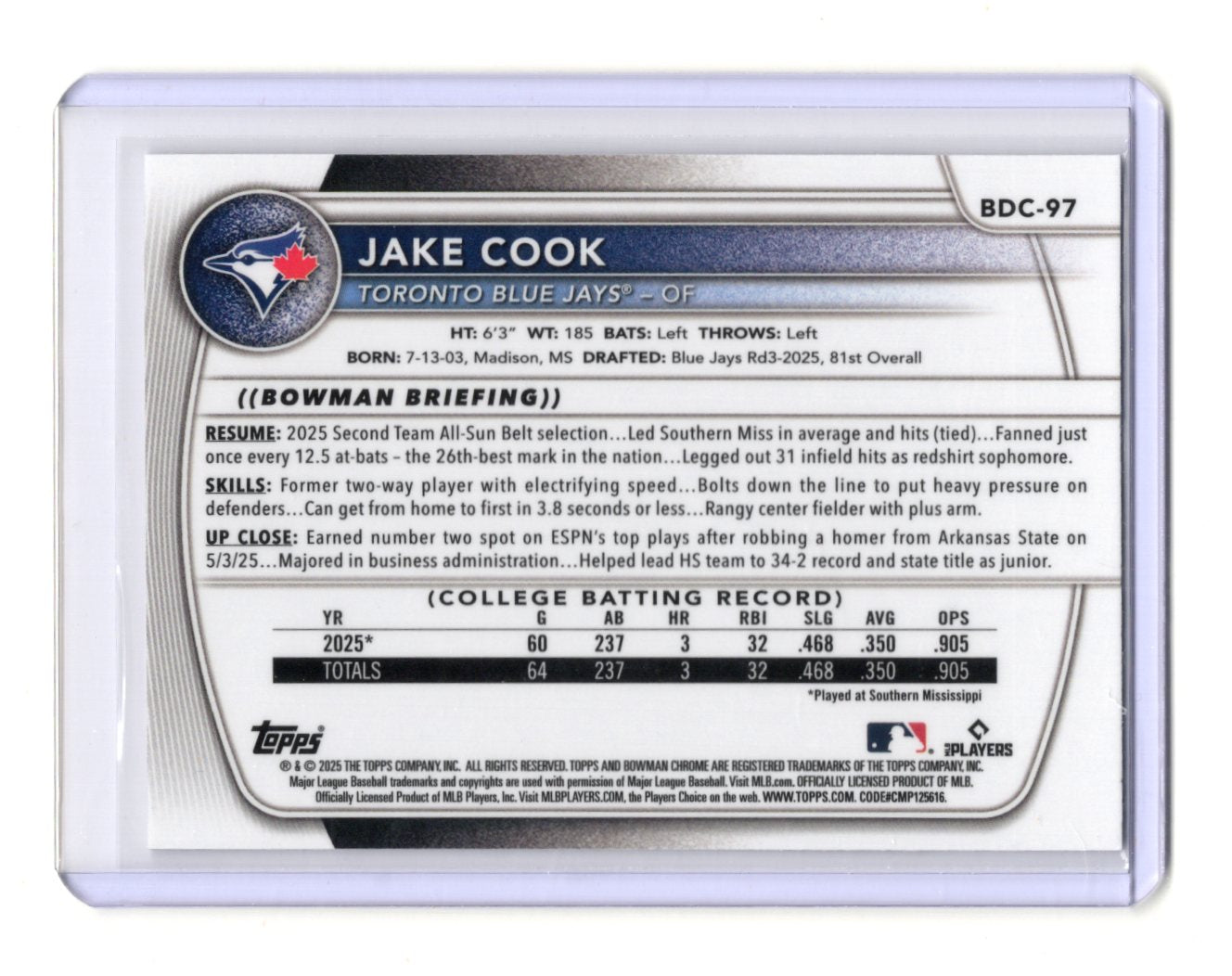 2025 Bowman Draft Jake Cook Card Chrome Mojo Refractor Toronto #BDC-97