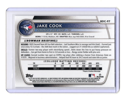 2025 Bowman Draft Jake Cook Card Chrome Mojo Refractor Toronto #BDC-97