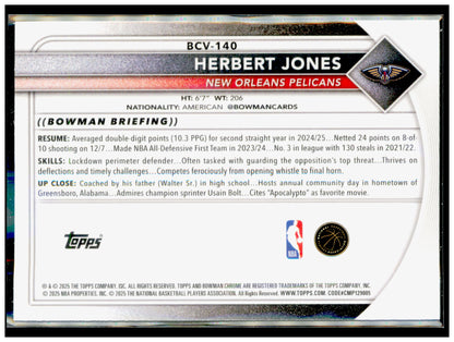 2025-26 Bowman Herbert Jones Card Chrome Reptilian Refractors  Pelicans