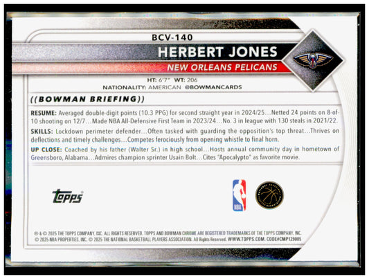 2025-26 Bowman Herbert Jones Card Chrome Reptilian Refractors  Pelicans
