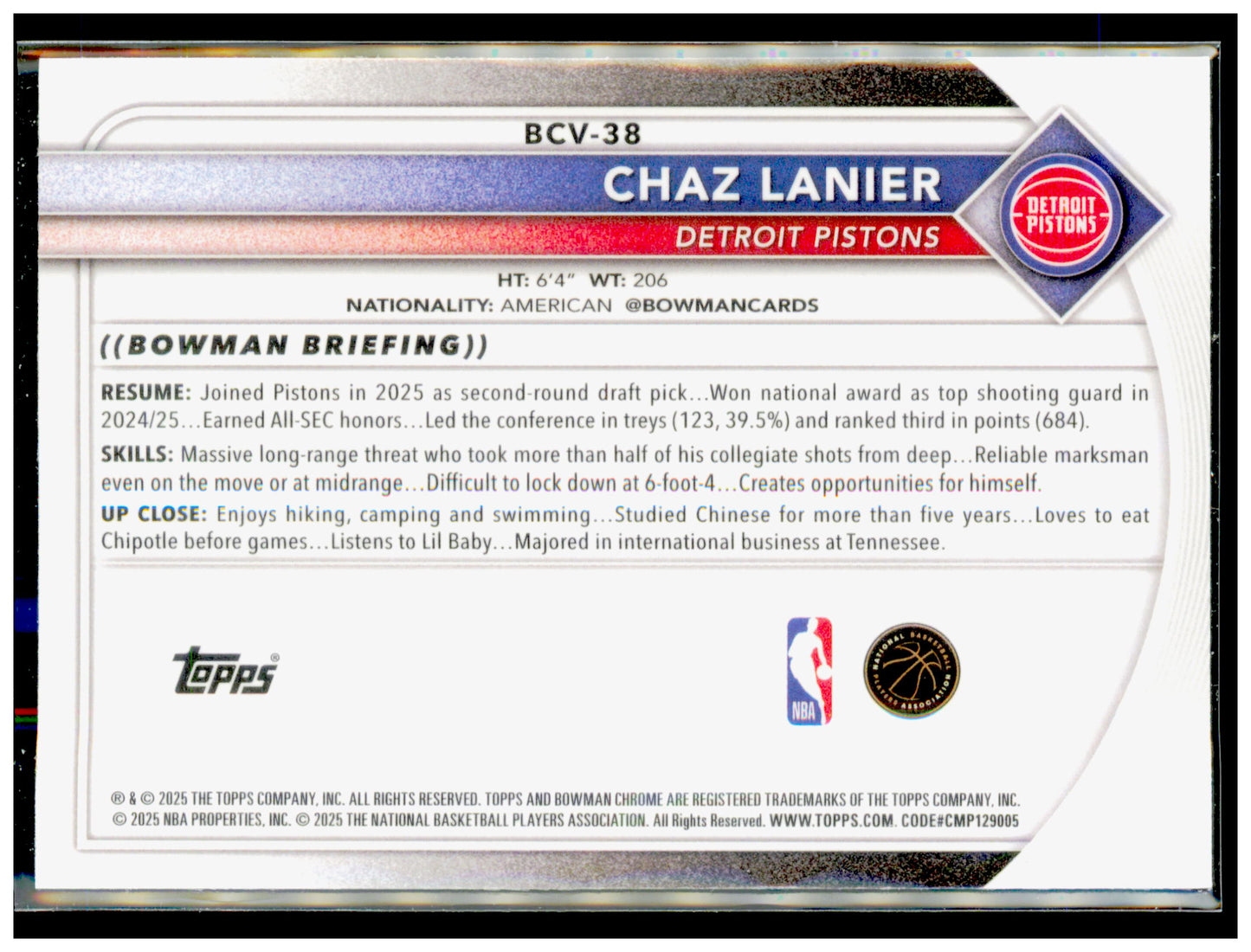 2025-26 Bowman Chaz Lanier Card Chrome Rookie Red RC Logo Detroit Pistons