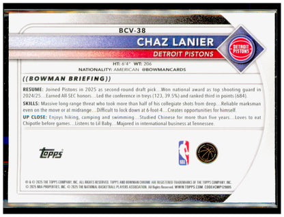 2025-26 Bowman Chaz Lanier Card Chrome Rookie Red RC Logo Detroit Pistons