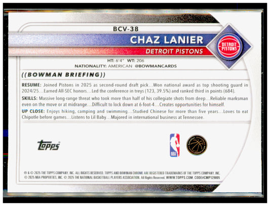2025-26 Bowman Chaz Lanier Card Chrome Rookie Red RC Logo Detroit Pistons