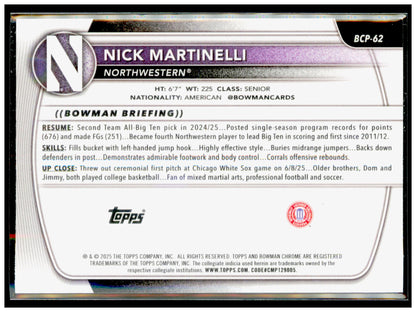 2025-26 Bowman Nick Martinelli Card Chrome Prospects Northwestern Wildcats