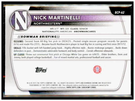 2025-26 Bowman Nick Martinelli Card Chrome Prospects Northwestern Wildcats