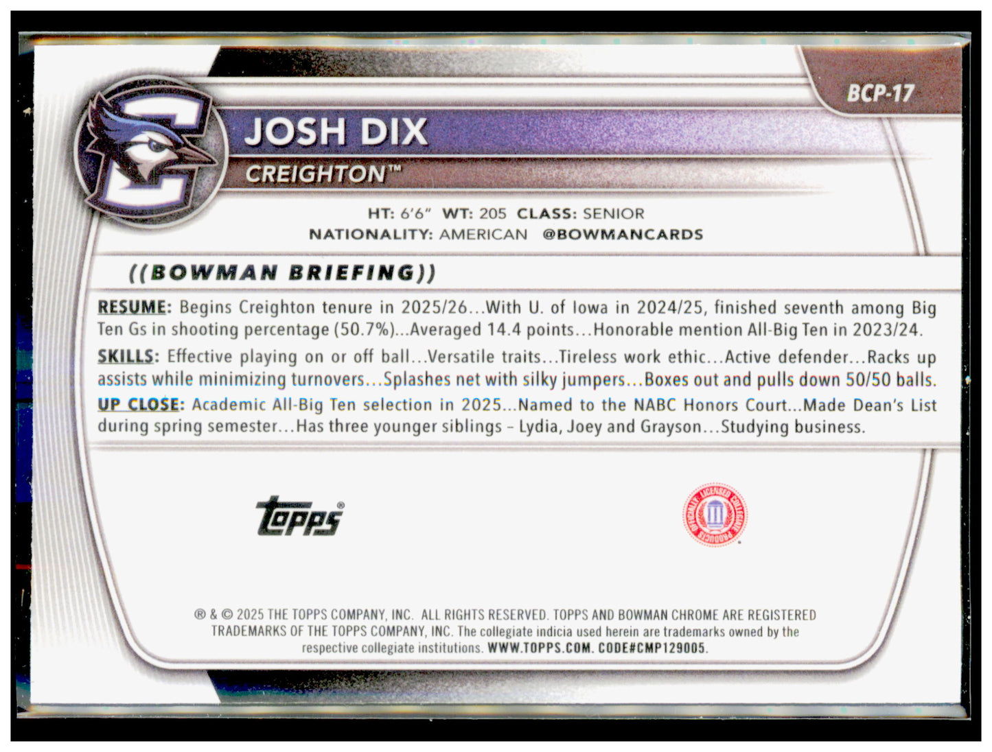 2025-26 Bowman Josh Dix Card Chrome Prospects Creighton Bluejays #BCP-17