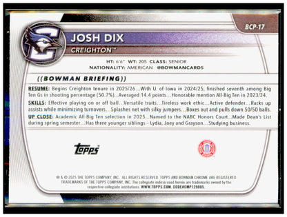 2025-26 Bowman Josh Dix Card Chrome Prospects Creighton Bluejays #BCP-17