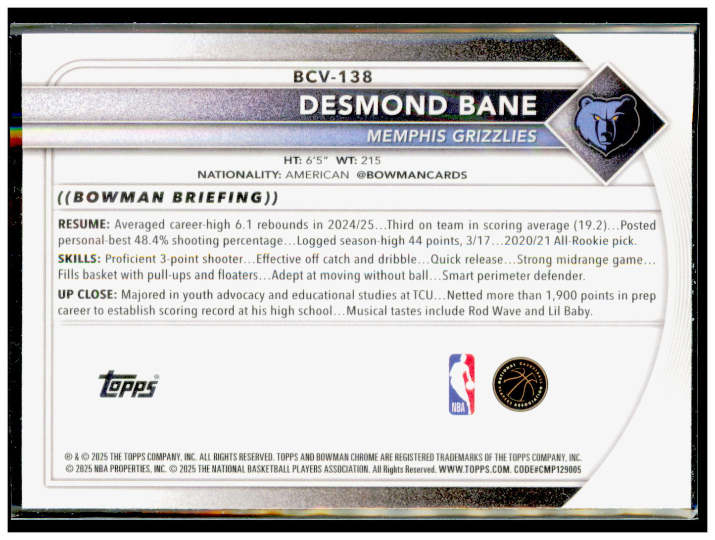 2025-26 Bowman Desmond Bane Card Memphis Grizzlies #138