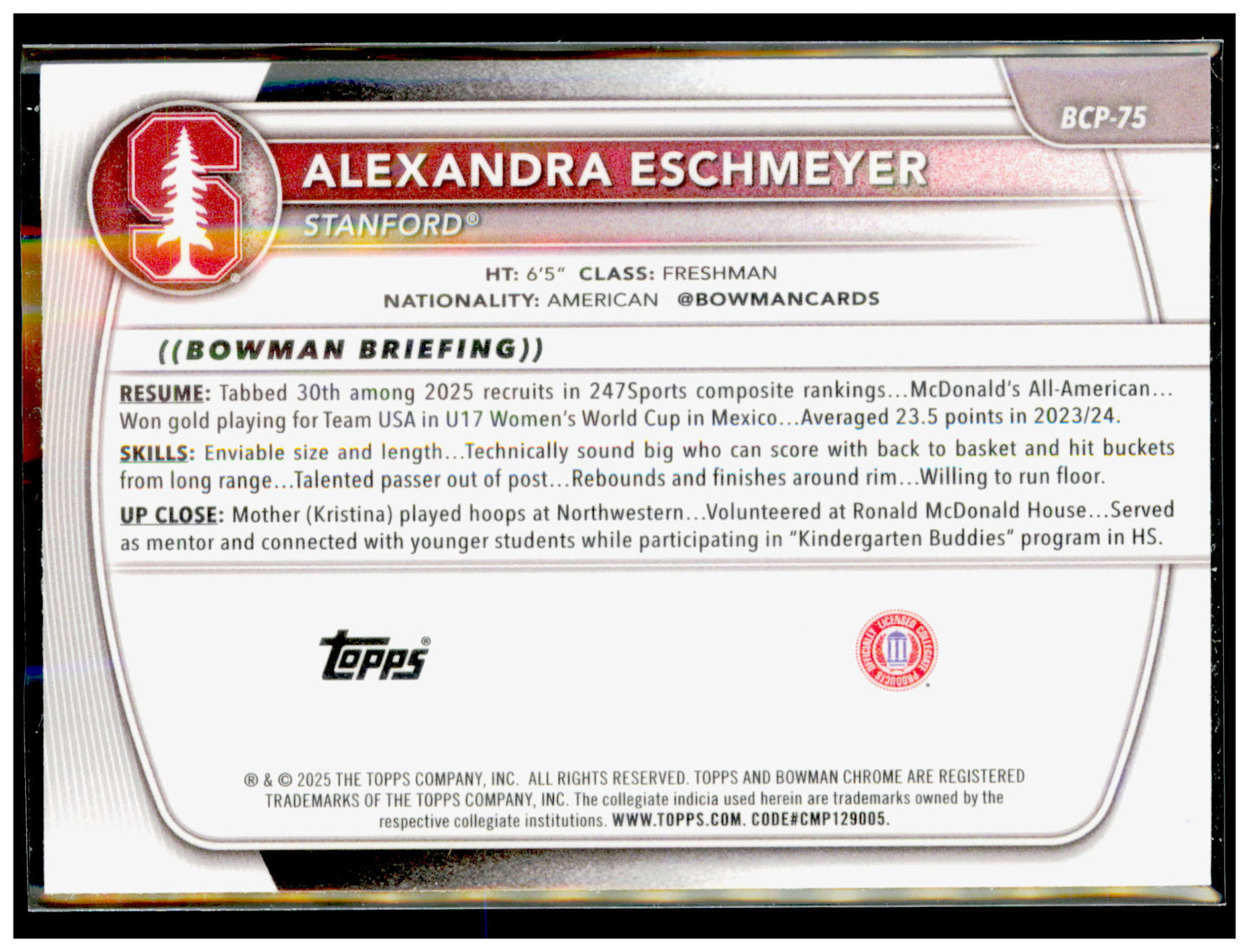 2025-26 Bowman Alexandra Eschmeyer Card Prospects Stanford Cardinal #BPP-75