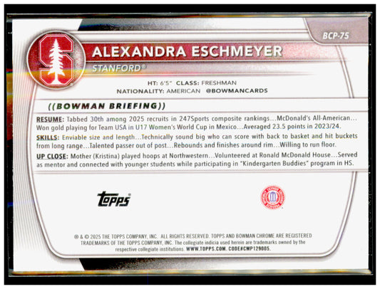 2025-26 Bowman Alexandra Eschmeyer Card Prospects Stanford Cardinal #BPP-75