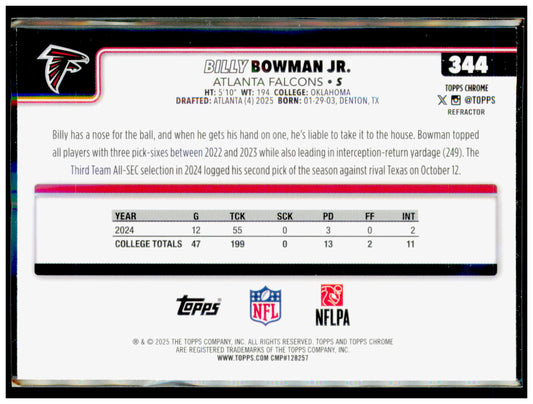2025 Topps Chrome Billy Bowman Jr. Card Refractor RC Atlanta Falcons #344