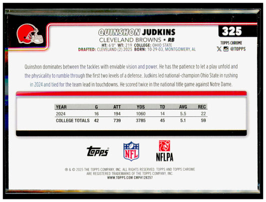 2025 Topps Chrome Quinshon Judkins Card RC Cleveland Browns #325