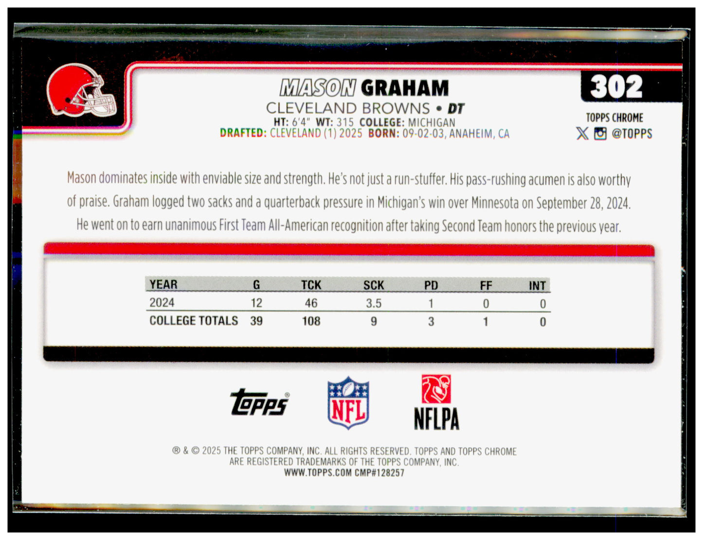 2025 Topps Chrome Mason Graham Card RC Cleveland Browns #302