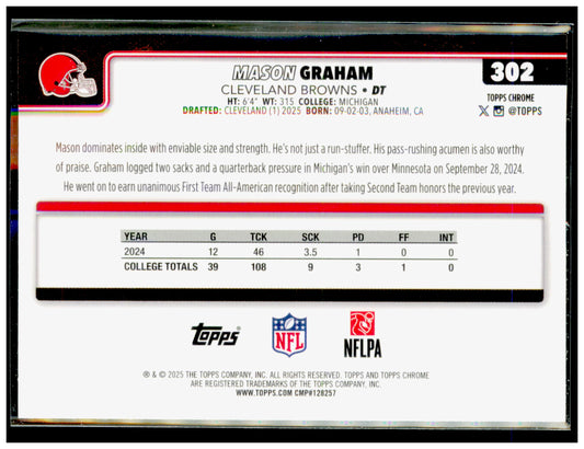 2025 Topps Chrome Mason Graham Card RC Cleveland Browns #302
