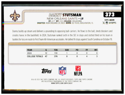 2025 Topps Chrome Danny Stutsman Card RC New Orleans Saints #373