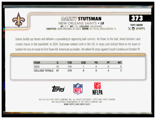 2025 Topps Chrome Danny Stutsman Card RC New Orleans Saints #373