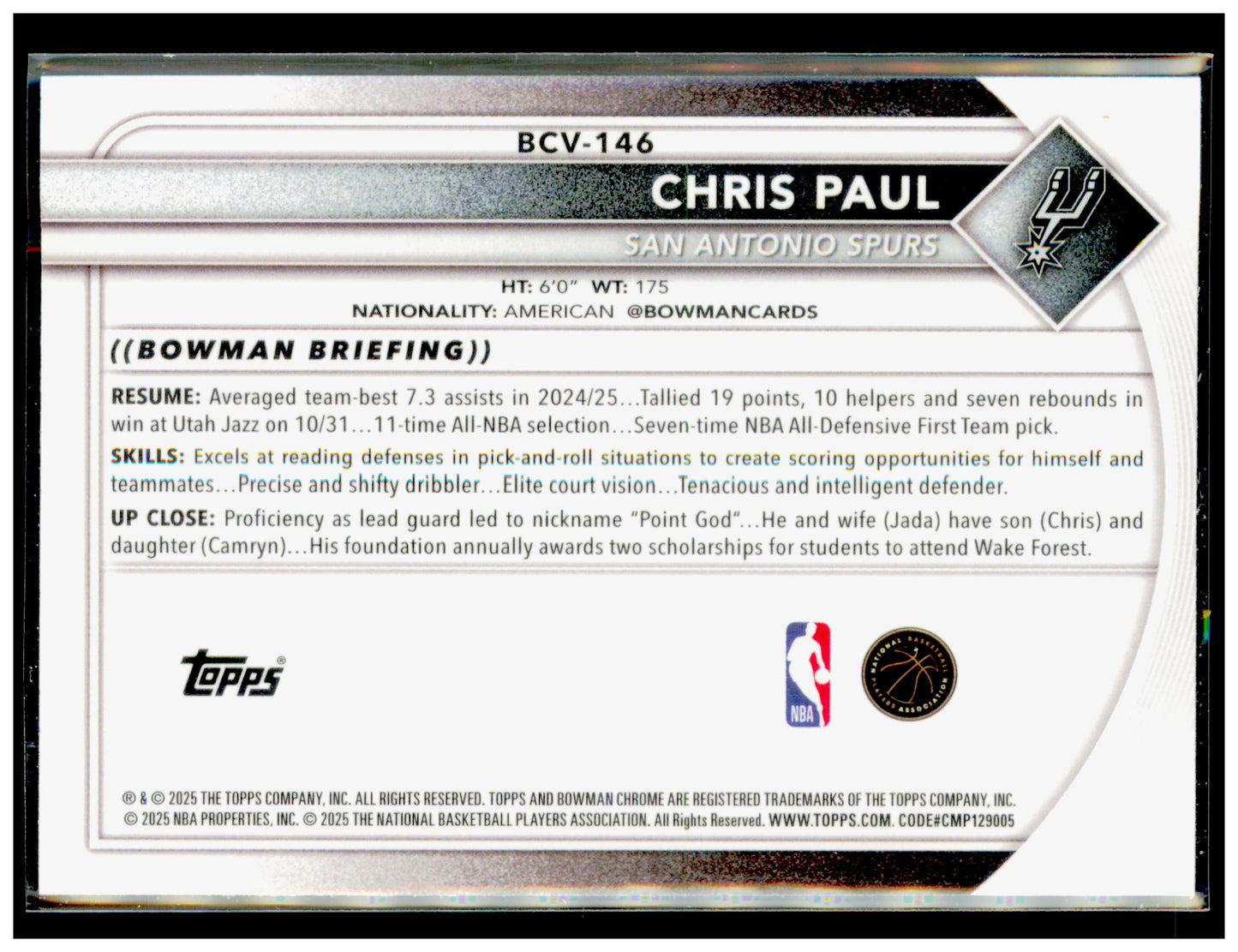2025-26 Bowman Chris Paul Card Chrome San Antonio Spurs #BCV-146