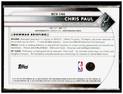 2025-26 Bowman Chris Paul Card Chrome San Antonio Spurs #BCV-146